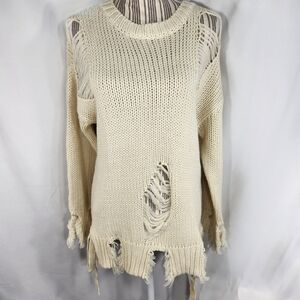 Olia Off-White Distressed Torn Tattered Long Sleeve Bulky Sweater Size Small.